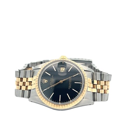 Rolex Date 15053 34mm Two-Tone Jubilee Gold Bezel Black Stick Dial