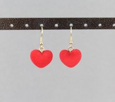 Red heart earrings velvet soft flocked texture 1 3/8" long dangle Valentines Day