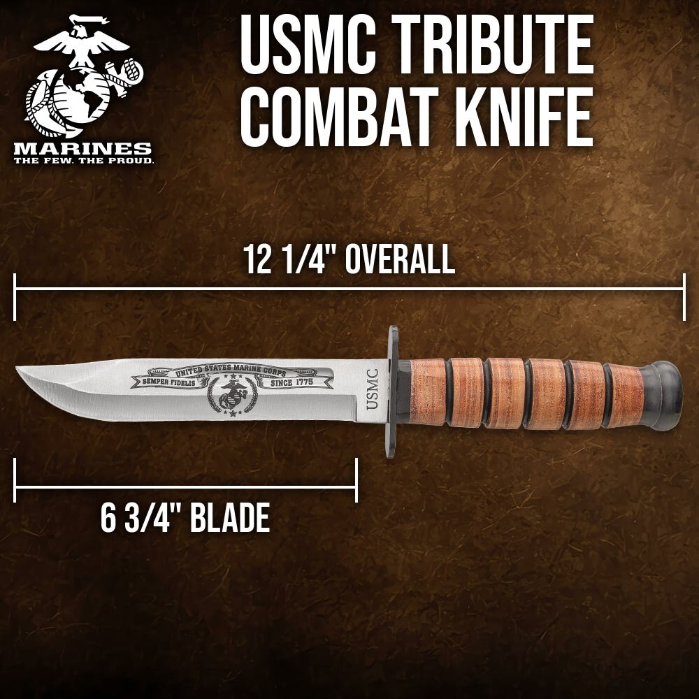 USMC Tribute Combat Knife and Sheath, 6 3/4” Stainless Steel Blade