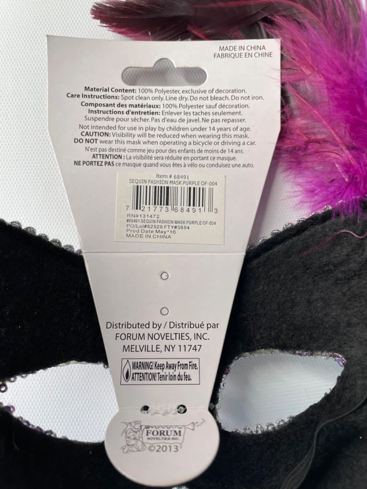 Mardi Gras Masquerade Mask Purple Sequins Feathers Gemstone Decorative - Image 4 of 4