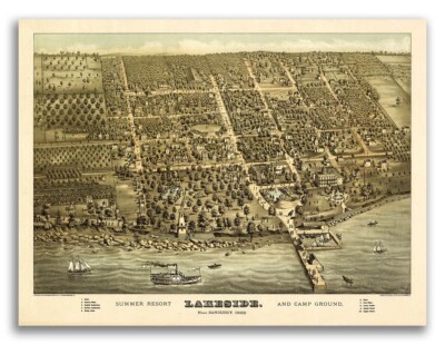 1884 Lakeside Ohio Vintage Old Panoramic City Map - 20x28