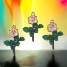 10 Gold Pink Rose Flower Charms Green Leaf Enamel Drops 29x20mm Pendants Beads