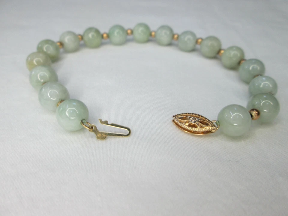 Pulsera vintage de cuentas y jadeíta de oro amarillo de 14k, 7,75", firmada Foto 3 de 4