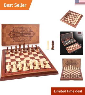 Magnetic Wooden Chess Set - 15'' Folding Board - 2 Extra Queens - Gift Package