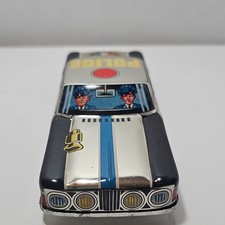 Vintage Tin Police Car Toy Lithographed Blue White Made in Japan