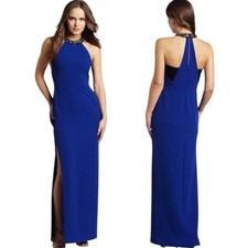 BCBG Max Azria Viviane Sapphire Blue Beaded Halter Maxi Formal Dress Size 4 GUC