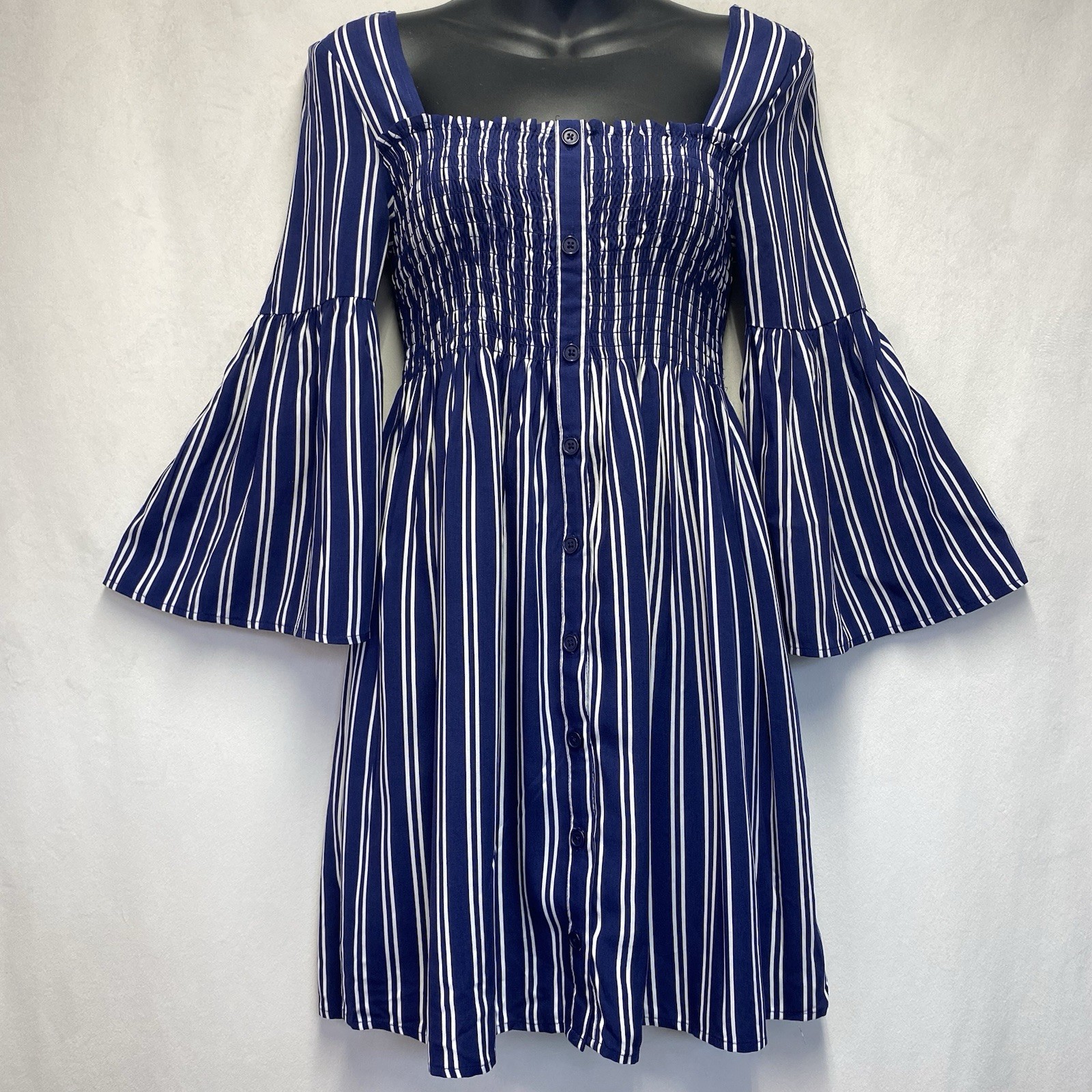 Jack by BB Dakota 3/4 Bell Sleeves Smocked Fit & Flare Mini Dress Women XS Navy