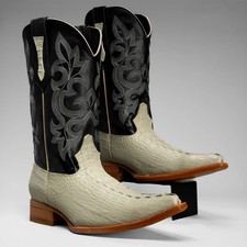 Men's Caiman Leather Pointed Toe Cowboy Boots - Bone