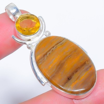 Natural Banded Wood Agate & Citrine Gemstone 925 Silver Plated Pendant 2.0'' T275