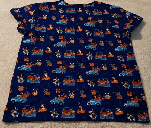 Serene Uniforms Scrub Top Women's Large Halloween Pumpkins Medical Wear Pockets - Picture 3 of 8