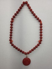 Vintage Red Chinese Cinnabar Chanterelle Beaded Necklace with Pendant 32" Long