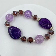 VTG Purple Beaded Stretch Bracelet Faceted Glass Crackle Beads Statement Chunky