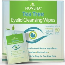 NOVEHA 60PCs Tea Tree Oil Eyelid & Lash Wipes | With Hyaluronic Acid, 1 Pack 