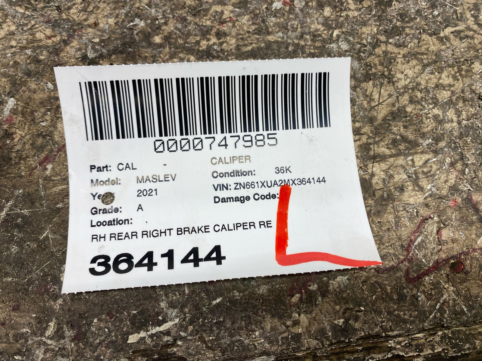 2017-2024 MASERATI LEVANTE REAR RIGHT BRAKE CALIPER RED 06700388370 RED *36K*