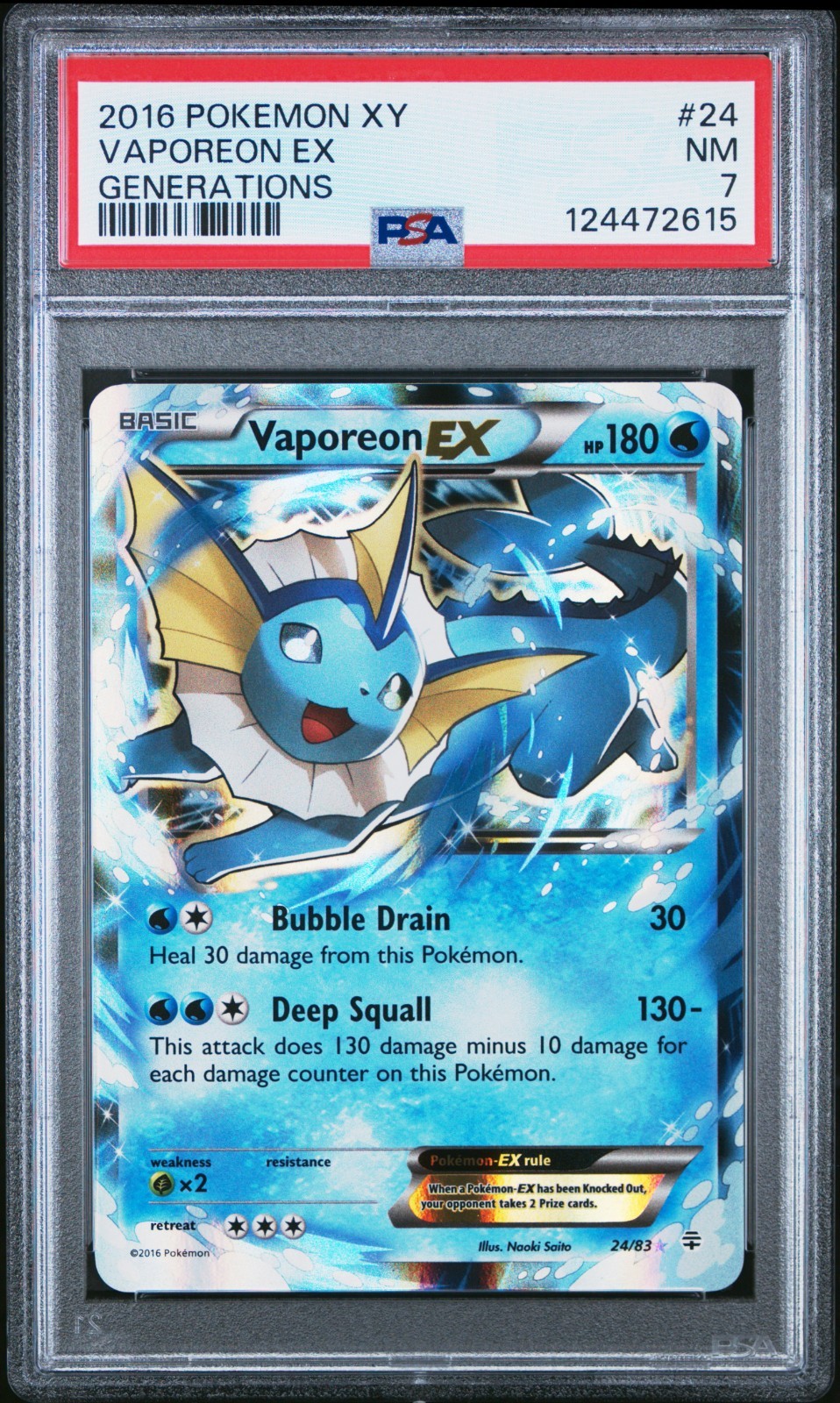 2016 POKEMON XY GENERATIONS #24 VAPOREON EX PSA 7