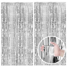2-Pack Silver Foil Fringe Backdrop Curtains Tinsel Party Streamers
