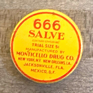 Monticello Drug Co 666 Salve Trial Size Advertising Tin Yellow/Red Jacksonville