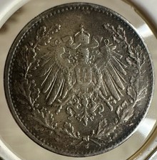 1918 Empire Of Germany, Kaiser Wilhelm, 1/2 Mark, .900 Silver Last Year WW1
