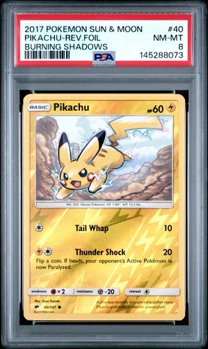 2017 POKEMON SUN & MOON BURNING SHADOWS #40 PIKACHU-REVERSE FOIL PSA 8