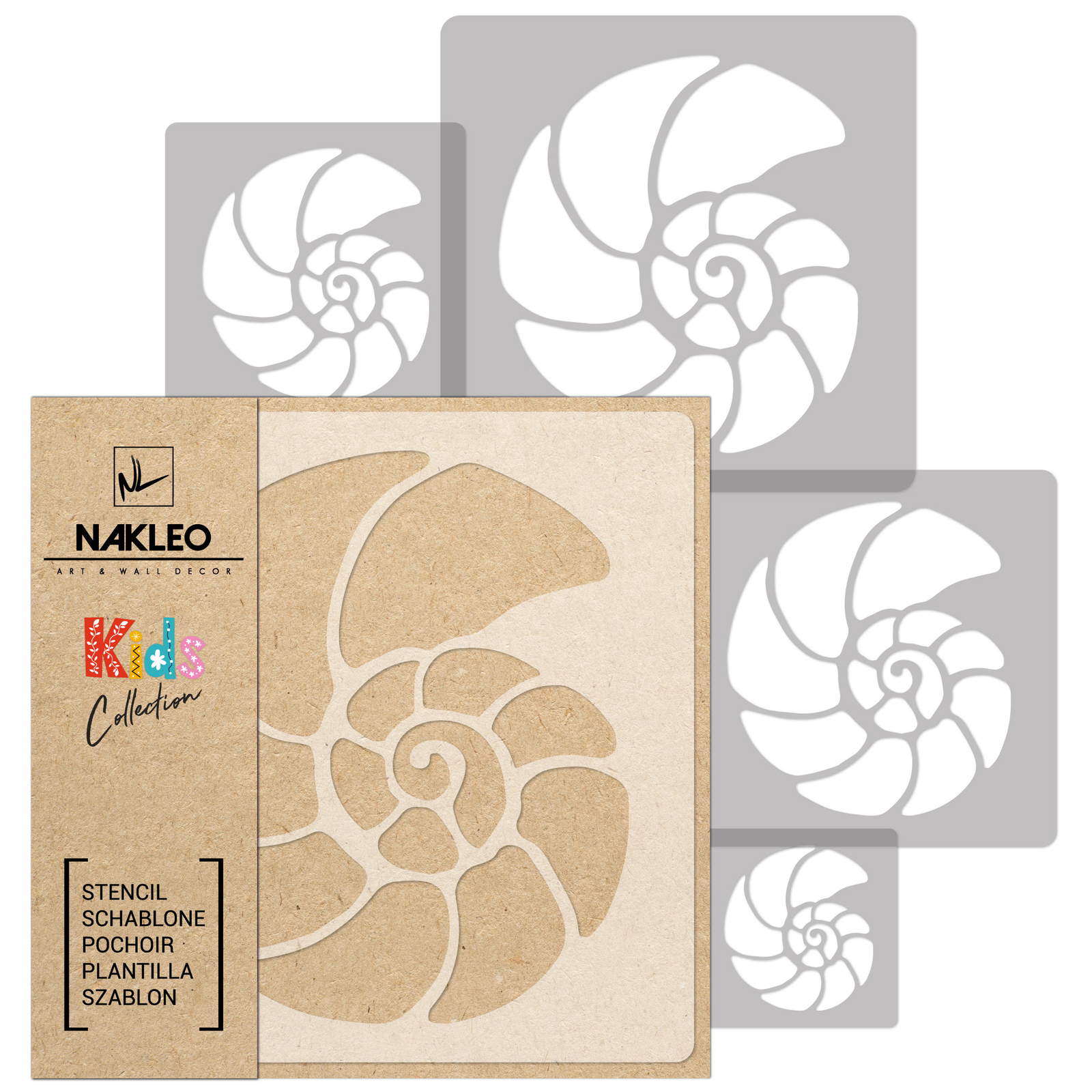 Pochoir plastique réutilisable nautile de 9x9cm à 34x34cm pour peinture de précision