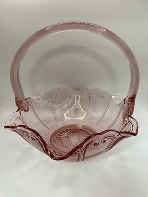 L.E. Smith Pink Glass Scroll Basket 8'' H X 9 IN W