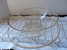 Jeanette Clear Glass Platter and Large Bowl With Flower Camellia Pattern Vintage