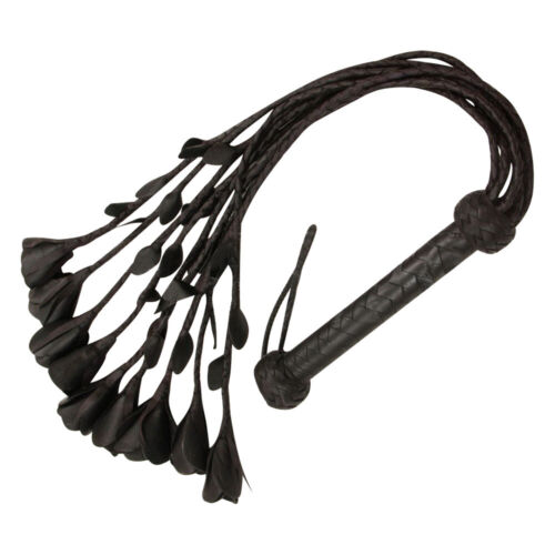 Real Cowhide Leather Flogger 09 Braided Falls Black Rose Cat O Nine Tail Flogger - Afbeelding 1 van 4