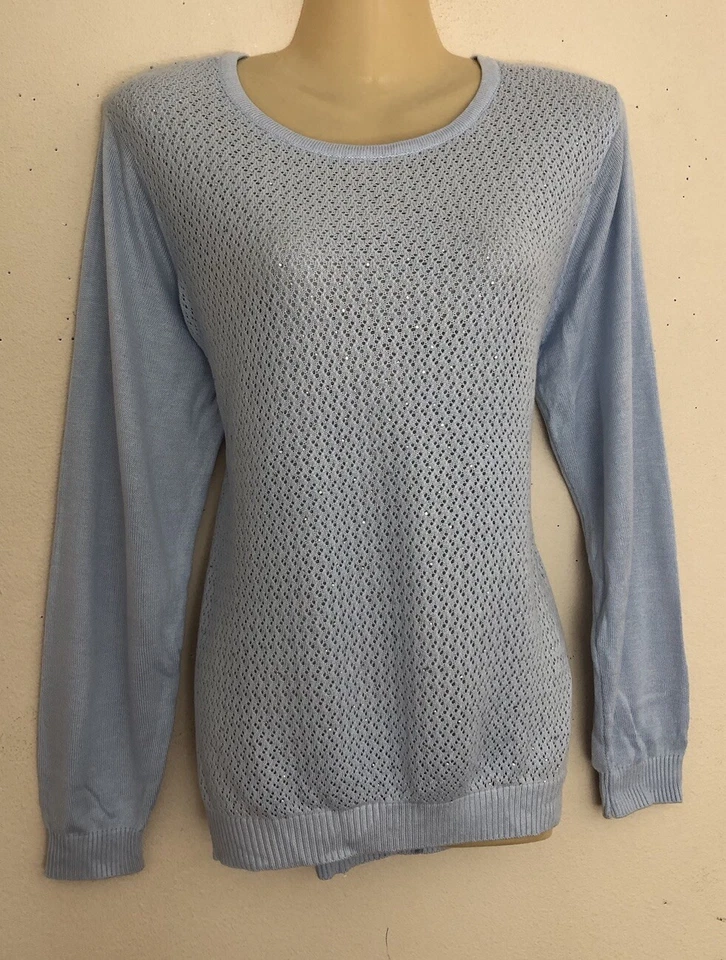 Suéter ligero tejido top para mujer talla XL azul y plata brillo tejido abierto” Foto 2 de 4
