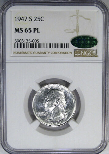 1947-S 25C NGC / CAC MS65PL WASHINGTON ~ BRILLIANT PROOFLIKE RARITY!