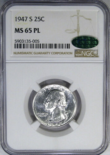 1947-S 25C NGC / CAC MS65PL WASHINGTON ~ BRILLIANT PROOFLIKE RARITY! - Picture 1 of 5