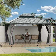 Domi 10x12FT Outdoor Hardtop Gazebo Aluminum Double Roof w/Curtain&Netting,Grey