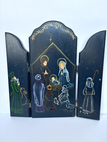 Tole Painted Wooden Trifold Christmas Nativity Scene