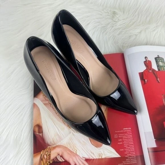 Zapatos de tacón grueso punta puntiaguda charol sintético bambú zapatos de salón de carrera negros 7 Foto 2 de 4