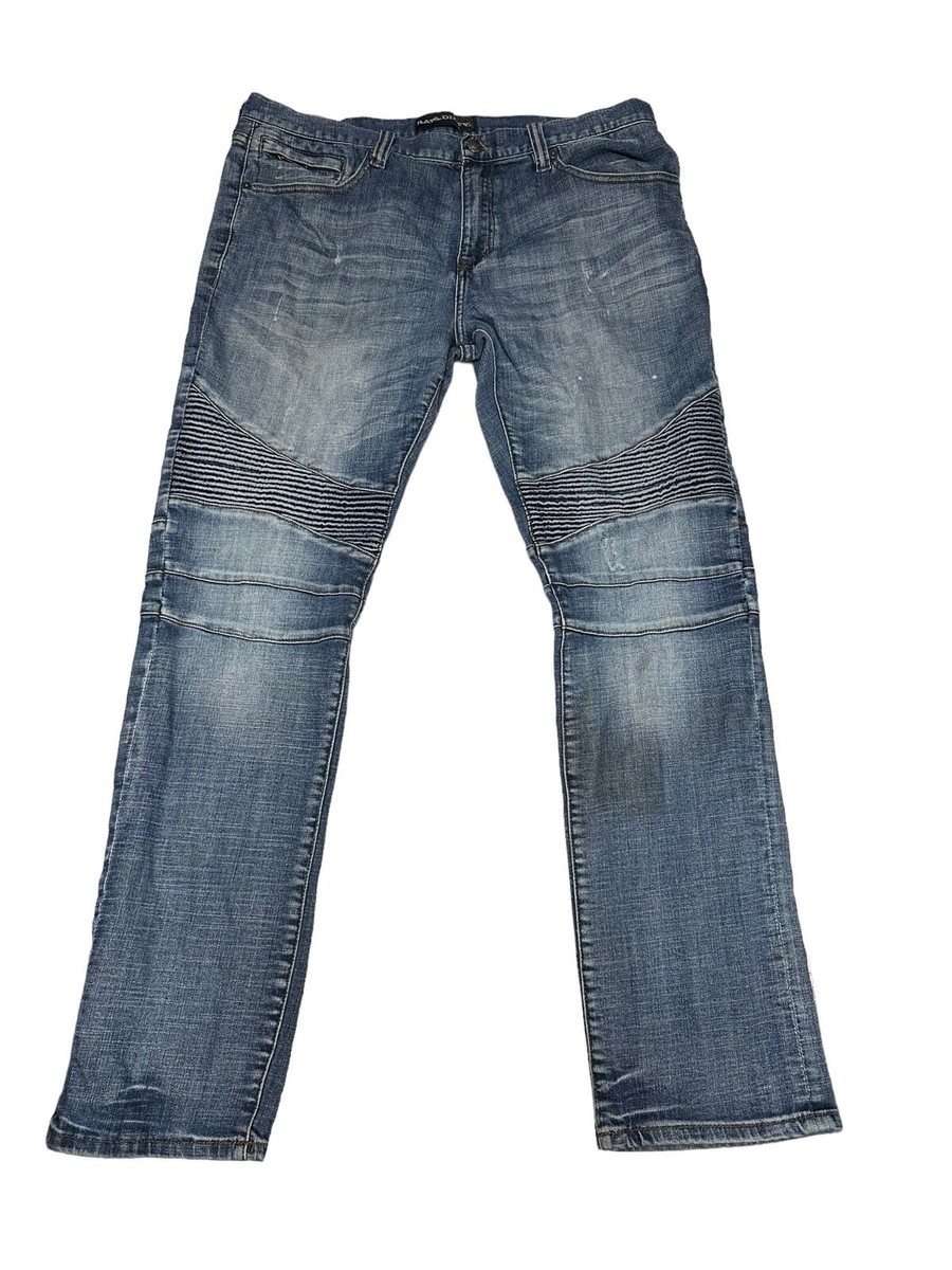 Raw & Dirty Jeans Moto Biker Stretch Dark Wash Whisker Blue