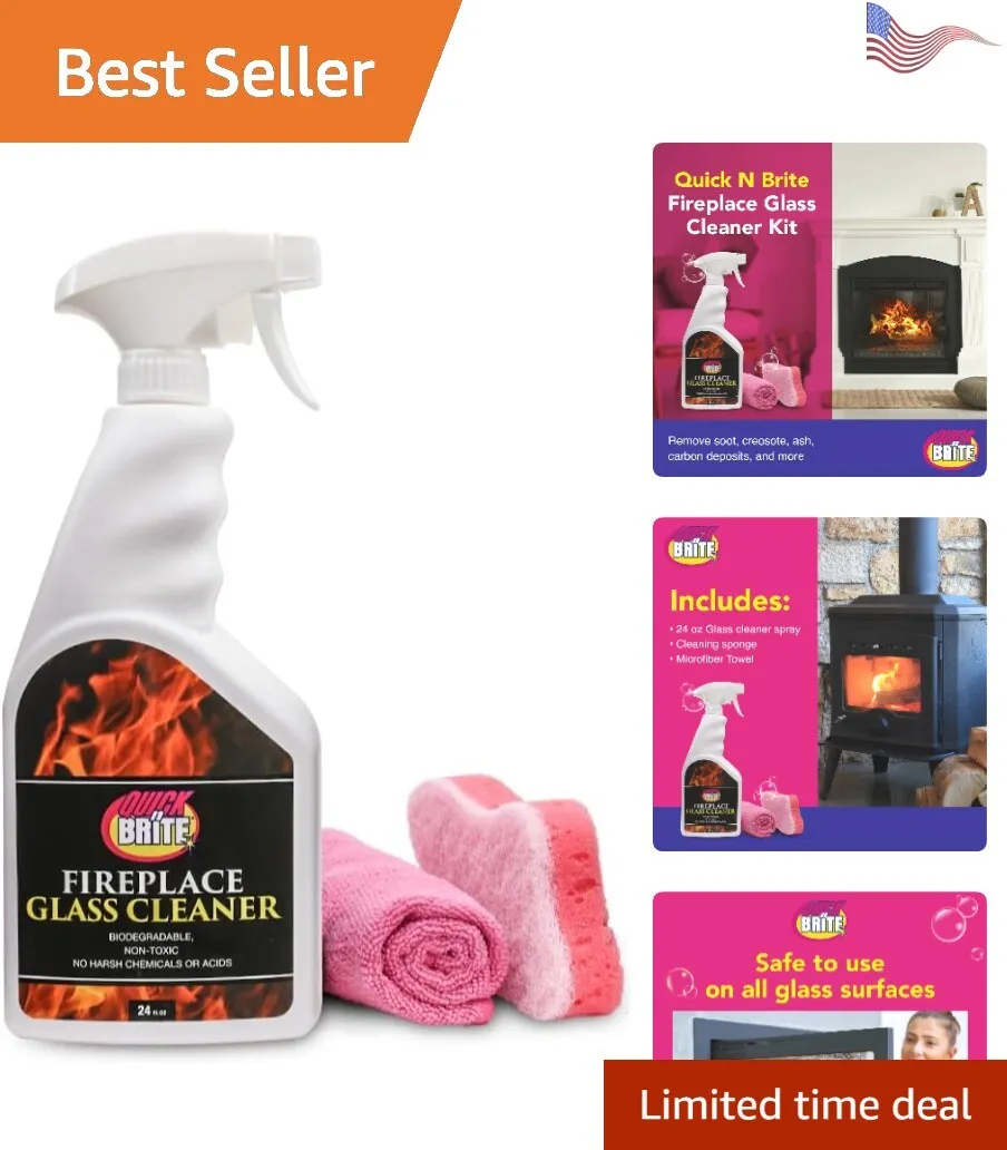 Fireplace Glass Cleaner Set - 24oz Spray Bottle, Sponge, Microfiber Towel