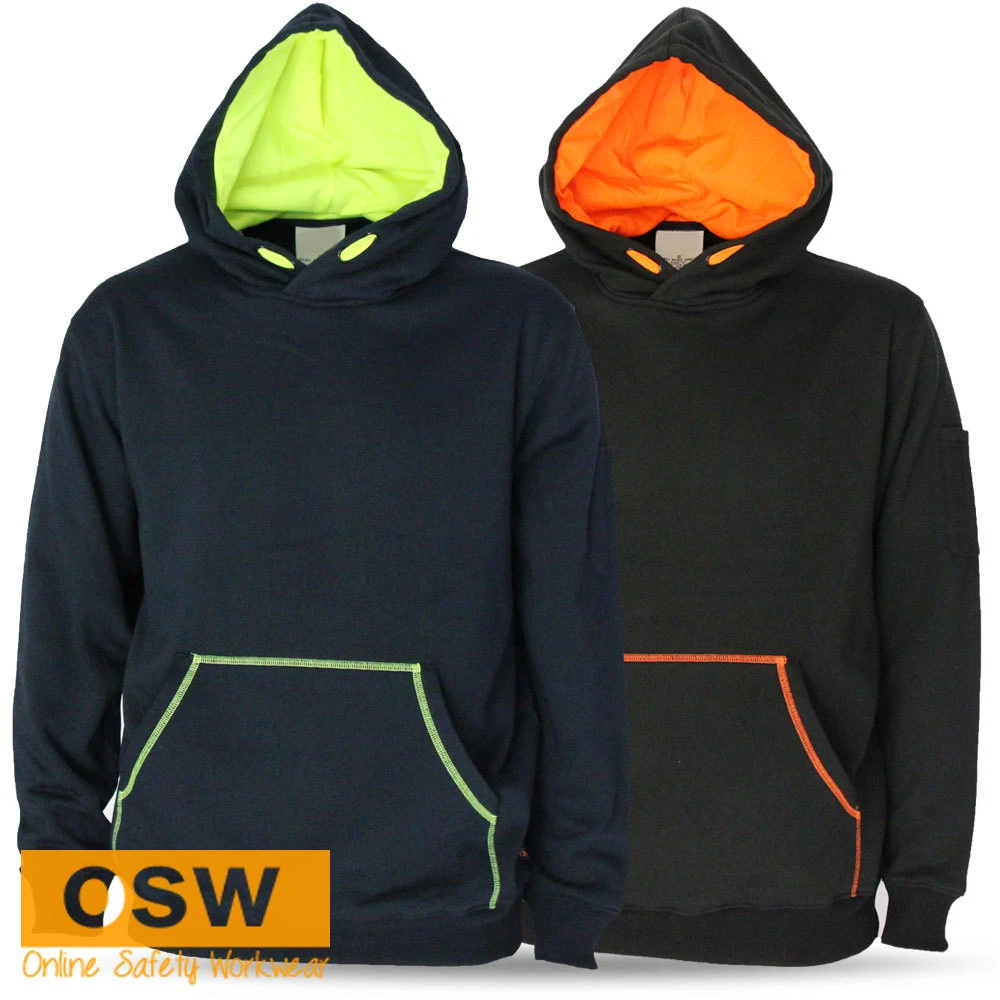 MENS BUILDER FLUORO STITCHING PULLOVER CASUAL WARM WORK TRADIES HOODIES HOODY