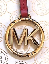 Michael Kors MK Gold Logo Charm / Flame Red Leather Strap Handbag Fob Hang Tag