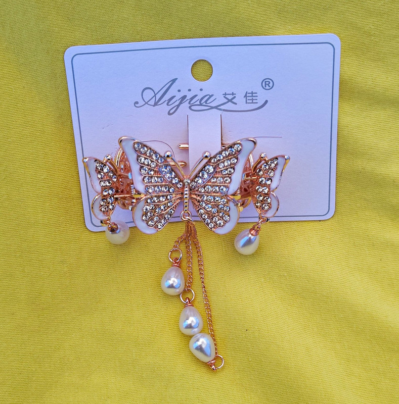Aijia Gold Tone Butterfly Hair Clip Rhinestone Crystal & Pearl Dangles