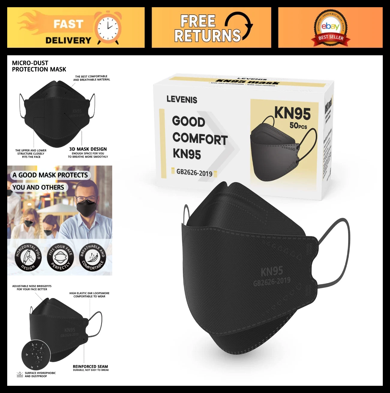 50 Pack KN95 Face Masks - Breathable, Comfortable, Disposable Black Masks