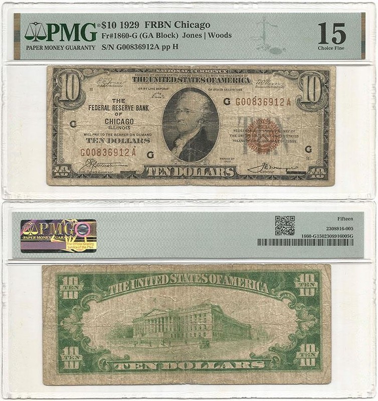 1929 Only! US $10.00 "FEDERAL RESERVE BANK NOTE" Chicago Bank PMG CHOICE FINE 15