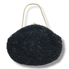 All Over Beaded Clutch Evening Bag Black Satin Vintage Handmade In Hong Kong