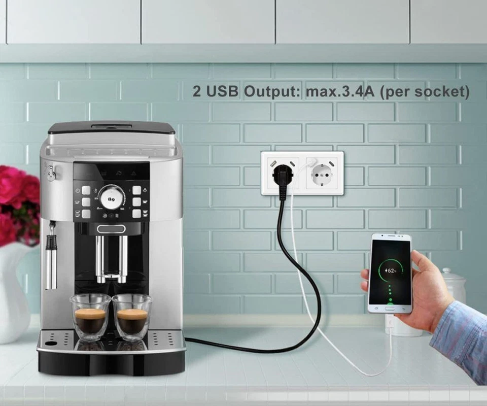 1-10X Steckdose mit USB-A &USB-C, 4000W | passend für Gira 55, JUNG AS 500, Weiß - Bild 3 von 4