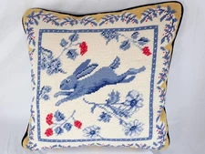 Vintage Needlepoint Throw Pillow Blue Rabbit Floral Wool Needlework 13”