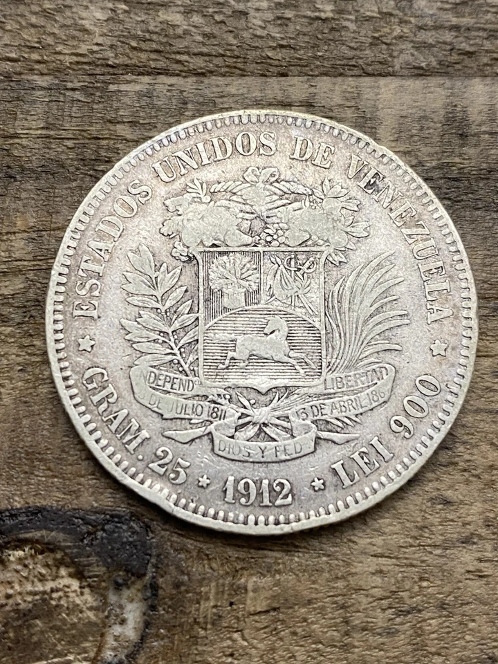 1912 Venezuela 5 Bolivar Silver Crown Sized Antique Coin 25 Grams Collectible VF - Image 2 of 3