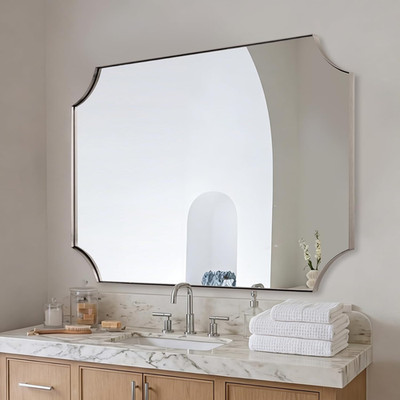 Contemporary 30x40'' Brushed Nickel Scalloped Bathroom Mirror, Rustproof Frame
