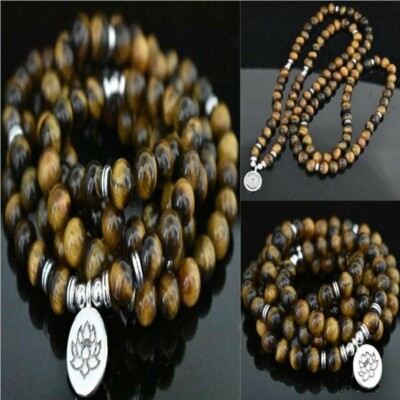 6mm Tiger-eye Bracelet 108 Beads Lotus Chakra Men's mala Stones Wrap