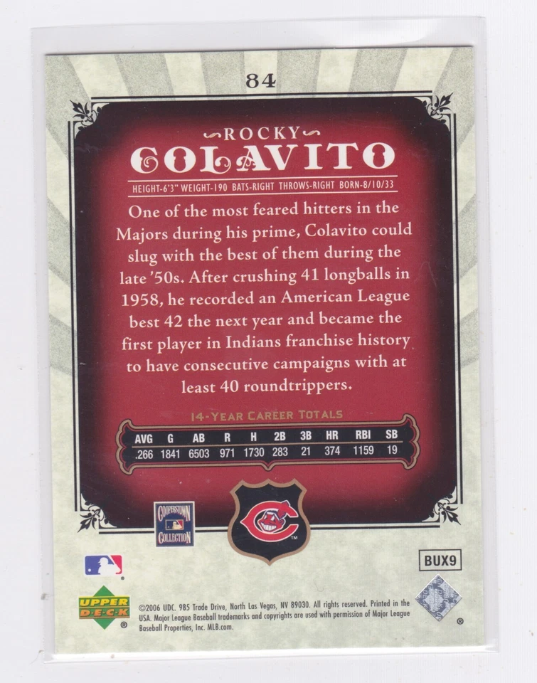 2006 Upper Deck SP Legendary Cuts - Rocky Colavito #84 - NM - Image 2 of 2