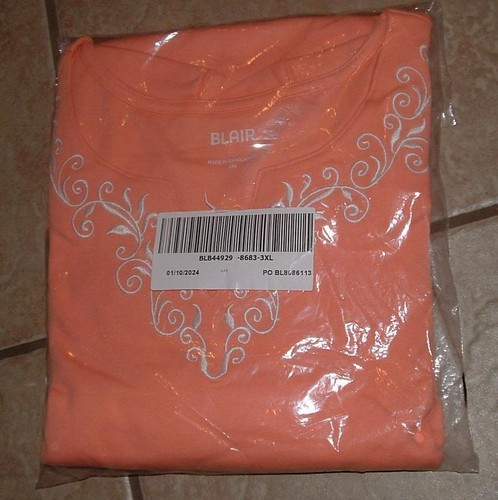 NEW NIP Peach Sz 3X Casual Wear Soft Embroidered Cotton Blend Tee Shirt BLAIR - Picture 2 of 2
