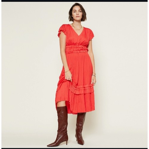 Current Air Red Midi Dress V-Neck Ruffle Tiered Pleated Party Size L