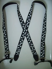 Men's White Musical Notes BLK BNBK X-Back Suspenders with Button On. USA Made